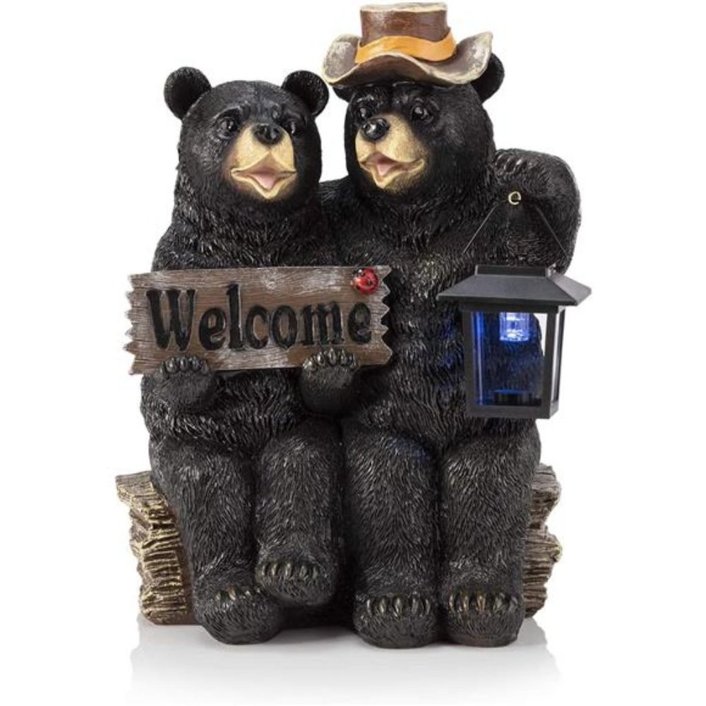15" Tall Outdoor Bear Couple with Lantern and Welcome Sign Statue with Solar LED